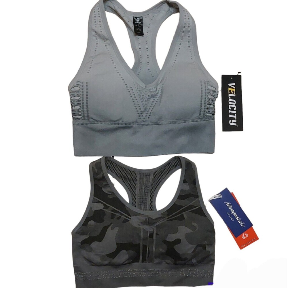 AEROPOSTATLE & VELOCITY Sports Bra Womens Small Gray Camo Padded Racerback LOT